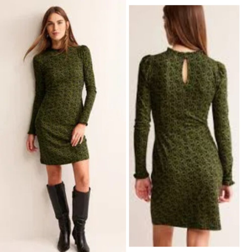 BODEN Frill Detail Mini Dress in Olive Green Primrose Swirl Size 4